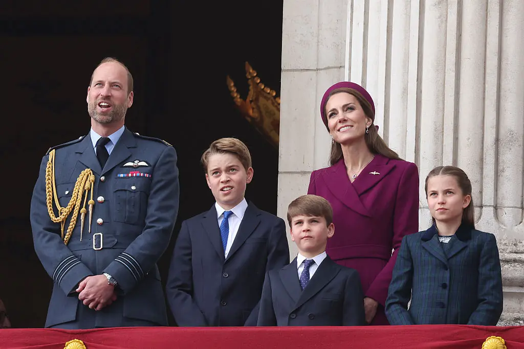 Prince William, Prince George, Prince Louis, Princess Catherine, and Princess Charlotte during the military procession to mark the 80th anniversary of VE Day.Credit: Neil Mockford / Getty