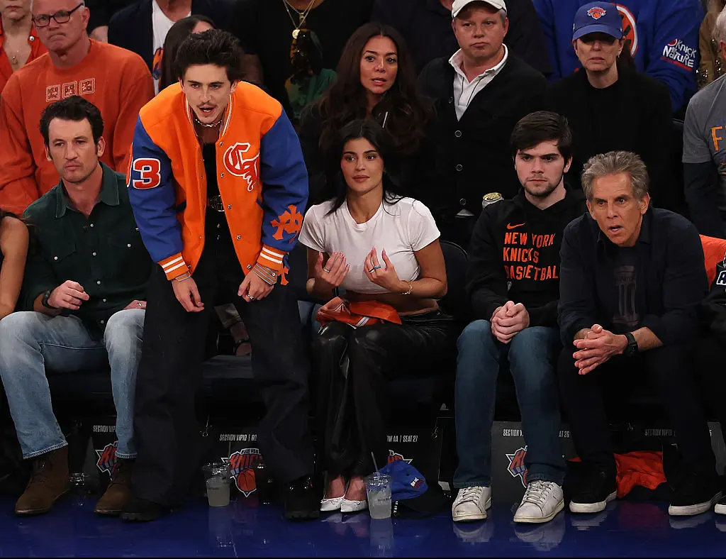 Miles Teller, Timothée Chalamet, Kylie Jenner and Ben Stiller react court-side during Game 5 of the Eastern Conference Finals at Madison Square Garden. Credit: Al Bello / Getty Images.