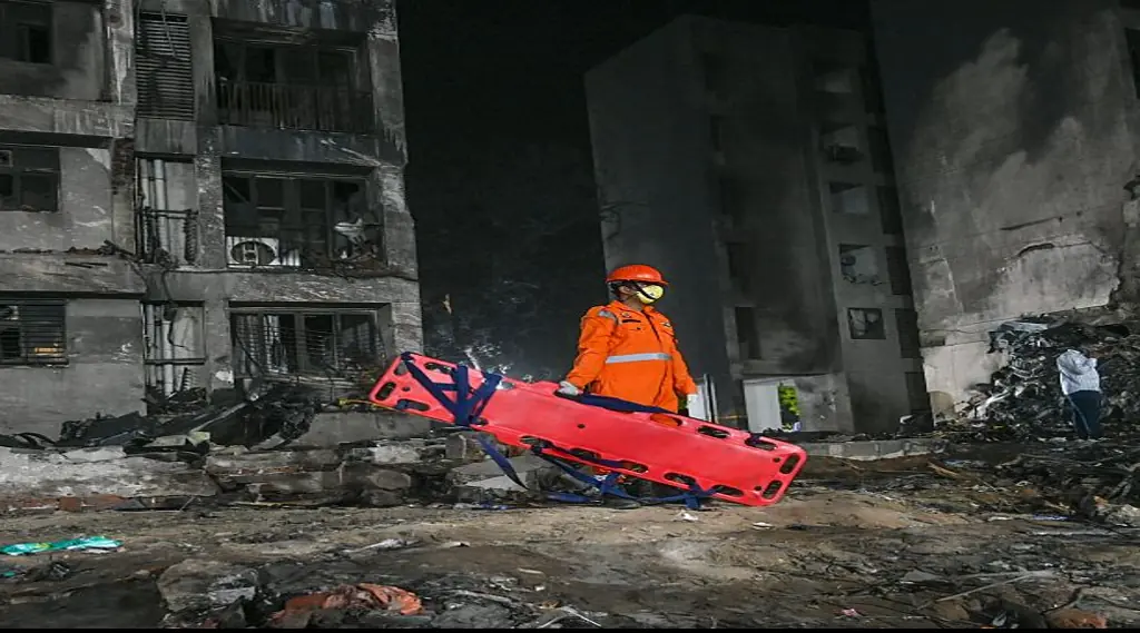 The plane crashed on a resident doctors' hostel in Ahmedabad, which suffered major damage in the accident.Credit: Hindustan Times / Getty