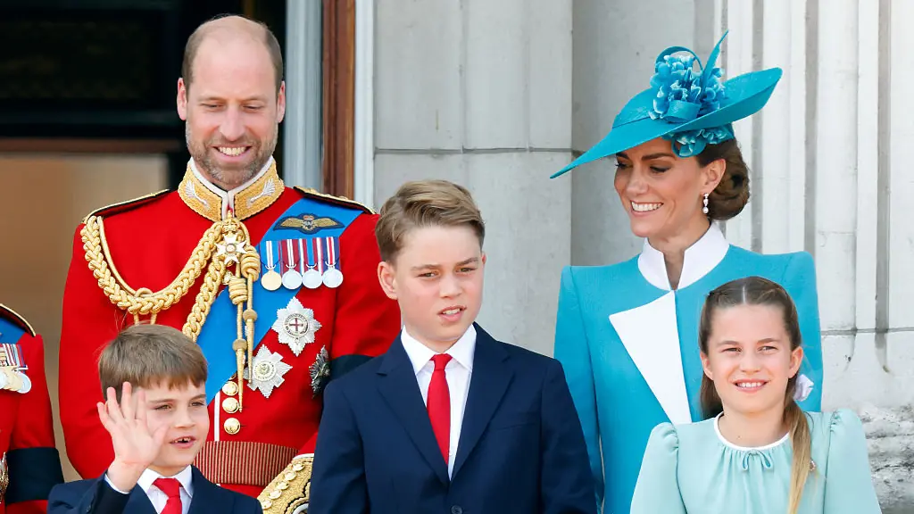 Prince William, Prince of Wales (Colonel of the Welsh Guards), Prince Louis of Wales, Prince George of Wales, Catherine, Princess of Wales and Princess Charlotte of Wales 