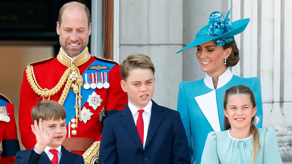 Prince William, Prince of Wales (Colonel of the Welsh Guards), Prince Louis of Wales, Prince George of Wales, Catherine, Princess of Wales and Princess Charlotte of Wales 