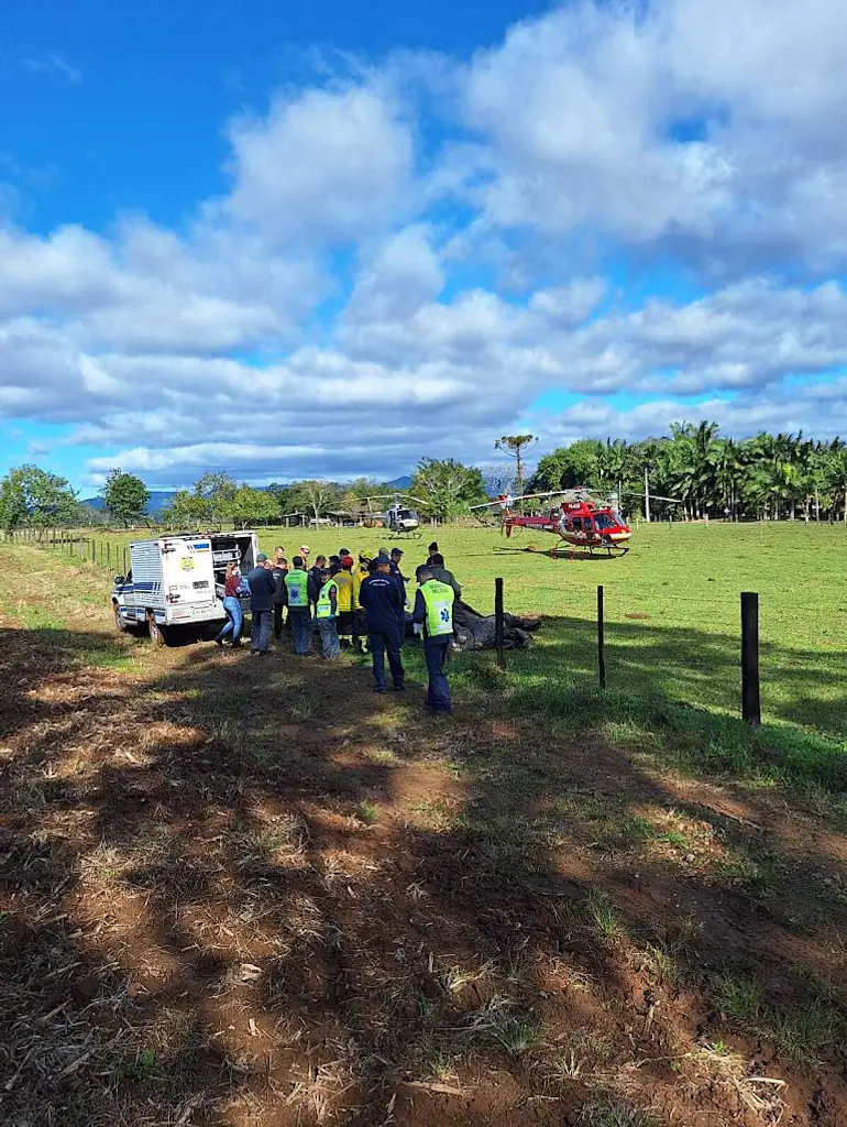 Emergency services operate at the area where a hot air balloon crashed. Credit: CBMSC/ Brazil / Handout/Anadolu via Getty Images