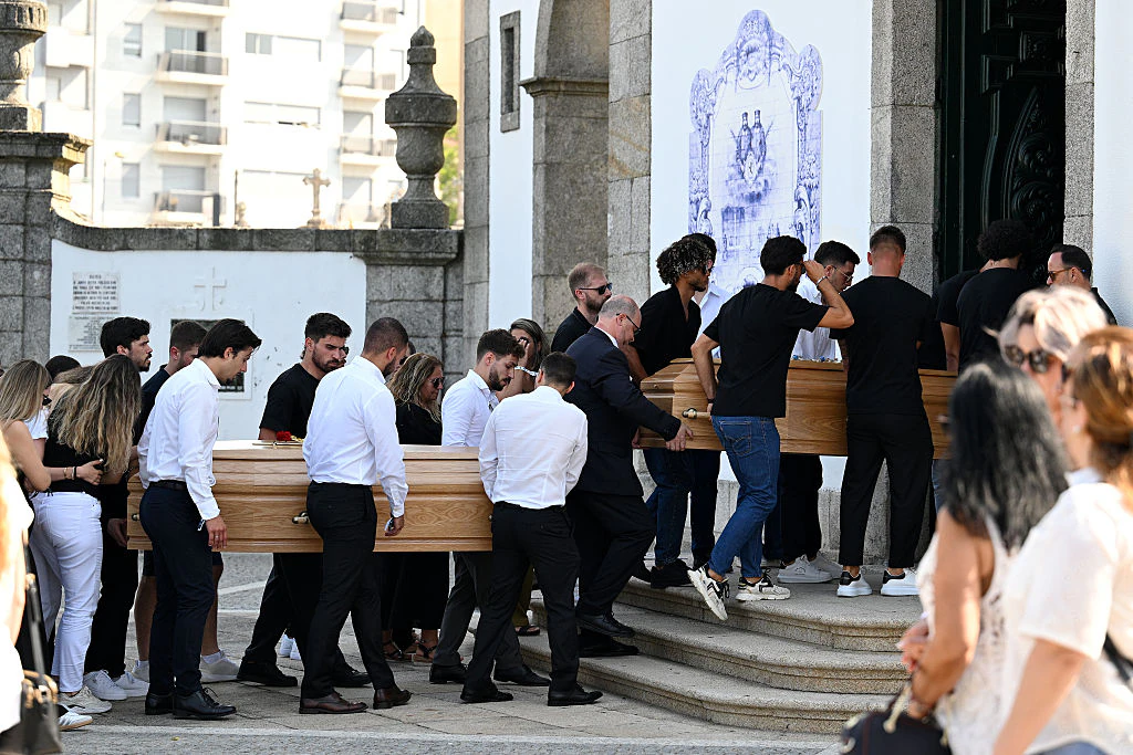 Diogo Jota's widow helps carry his coffin as hundreds gather for football star's funeral