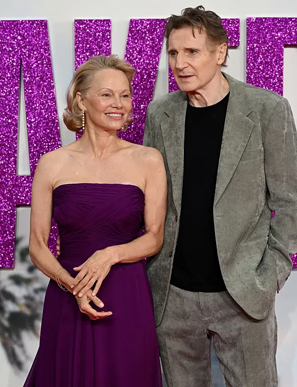 Pamela Anderson and Liam Neeson on the red carpet. Credit: Jeff Spicer / Getty