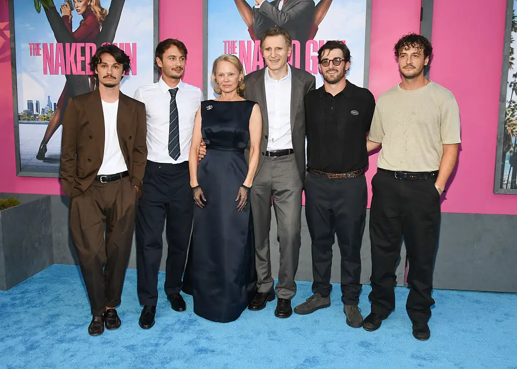 Dylan Jagger Lee, Brandon Thomas Lee, Pamela Anderson, Liam Neeson, Daniel Neeson, Micheál Neeson at The Naked Gun New York Premiere. Credit: Kristina Bumphrey / Getty Images.