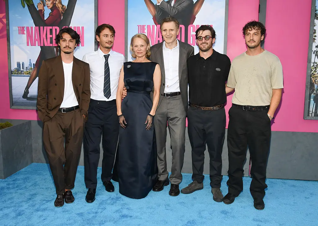 Dylan Jagger Lee, Brandon Thomas Lee, Pamela Anderson, Liam Neeson, Daniel Neeson, Micheál Neeson at The Naked Gun New York Premiere. Credit: Kristina Bumphrey / Getty