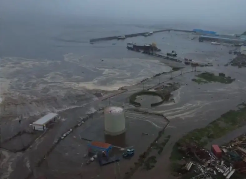 An aerial view of the city of Severo-Kurilsk flooded due to tsunami triggered by the 8.8 magnitude earthquake struck off Russia's Kamchatka Peninsula. Credit: Kamchatka of Geophysical Survey/Anadolu via Getty Images