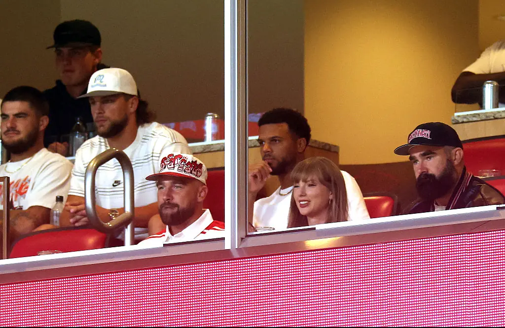 Travis Kelce, Taylor Swift and Jason Kelce during the Cincinnati Bearcats and the Nebraska Cornhuskers game at Arrowhead Stadium on August 28. Credit: Jamie Squire / Getty