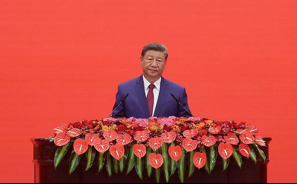 Xi Jinping addresses a crowd of over 50,000 people. Credit: Vladimir Smirnov / TASS / Anadolu / Getty Images.