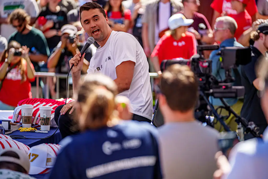 Kirk pictured at a Utah university rally, minutes before he was fatally shot. Credit: Trent Nelson / The Salt Lake Tribune / Getty Images.