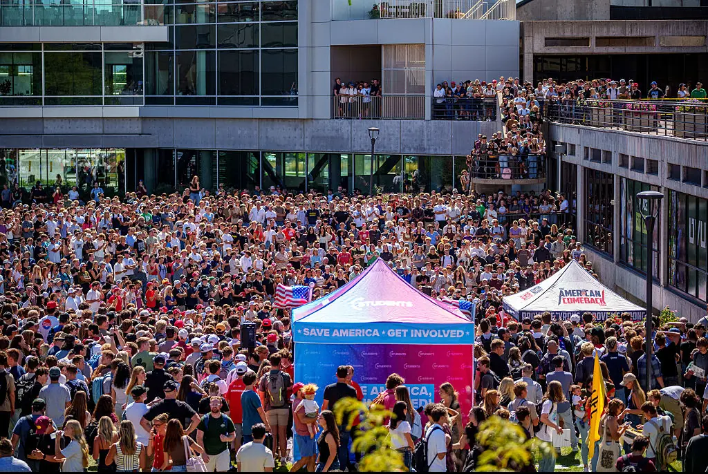  A crowd watches Charlie Kirk at Utah Valley University, just minutes before he is killed. Credit: The Salt Lake Tribune / Getty