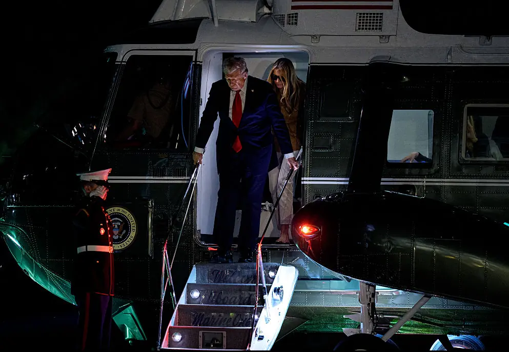 Donald and Melania Trump aboard the helicopter. Credit: Andrew Harnik / Getty