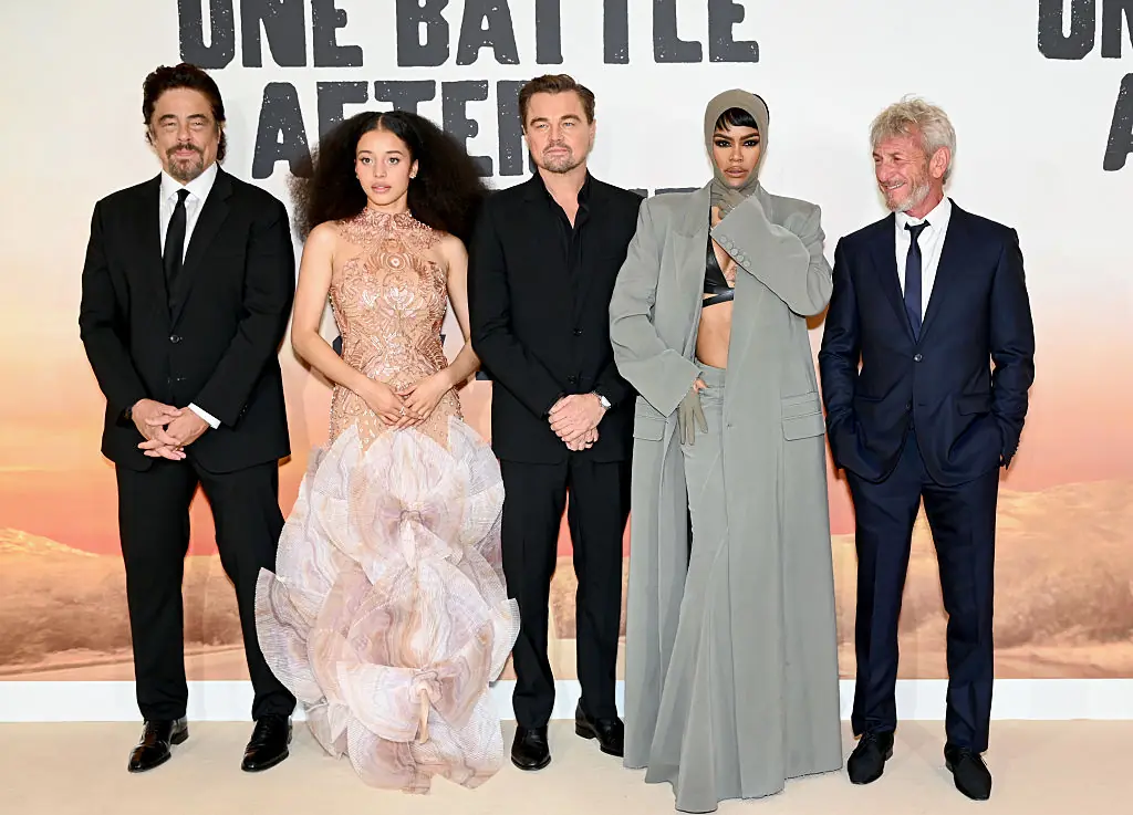 Benicio del Toro, Chase Infiniti, Leonardo DiCaprio, Teyana Taylor and Sean Penn at the One Battle After Another premiere. Credit: Joe Maher / Getty