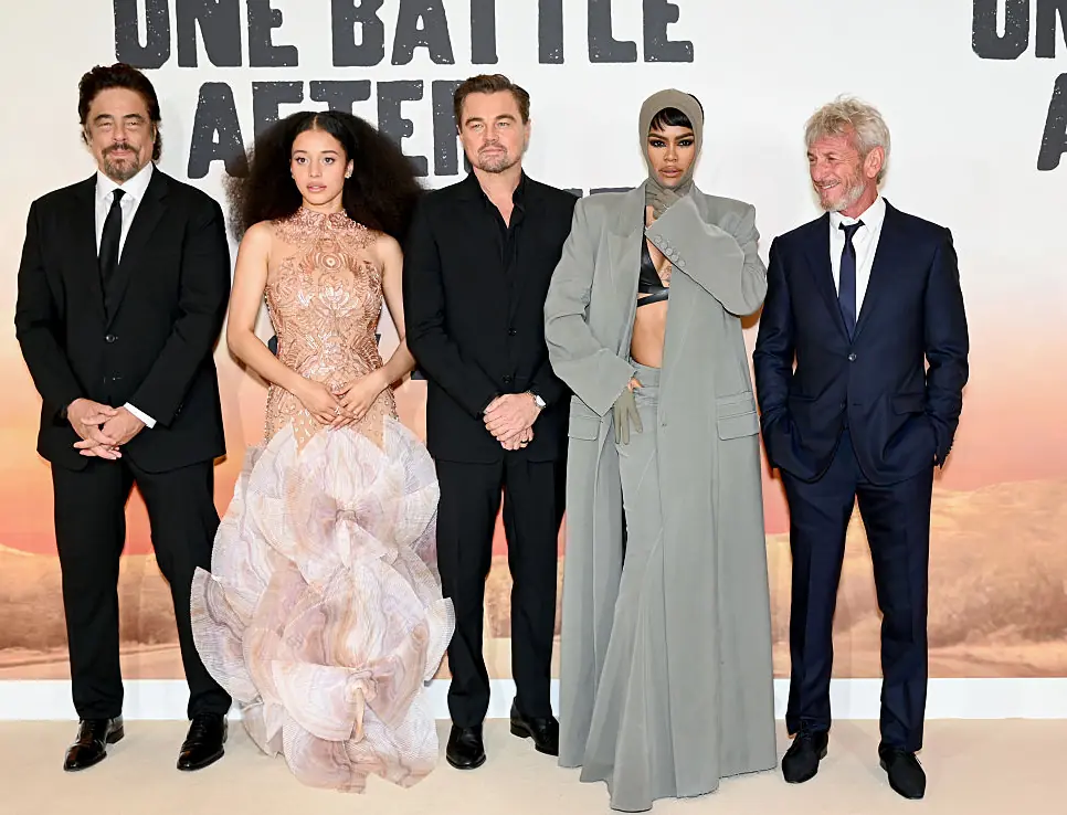 Benicio del Toro, Chase Infiniti, Leonardo DiCaprio, Teyana Taylor and Sean Penn at the One Battle After Another premiere. Credit: Joe Maher / Getty