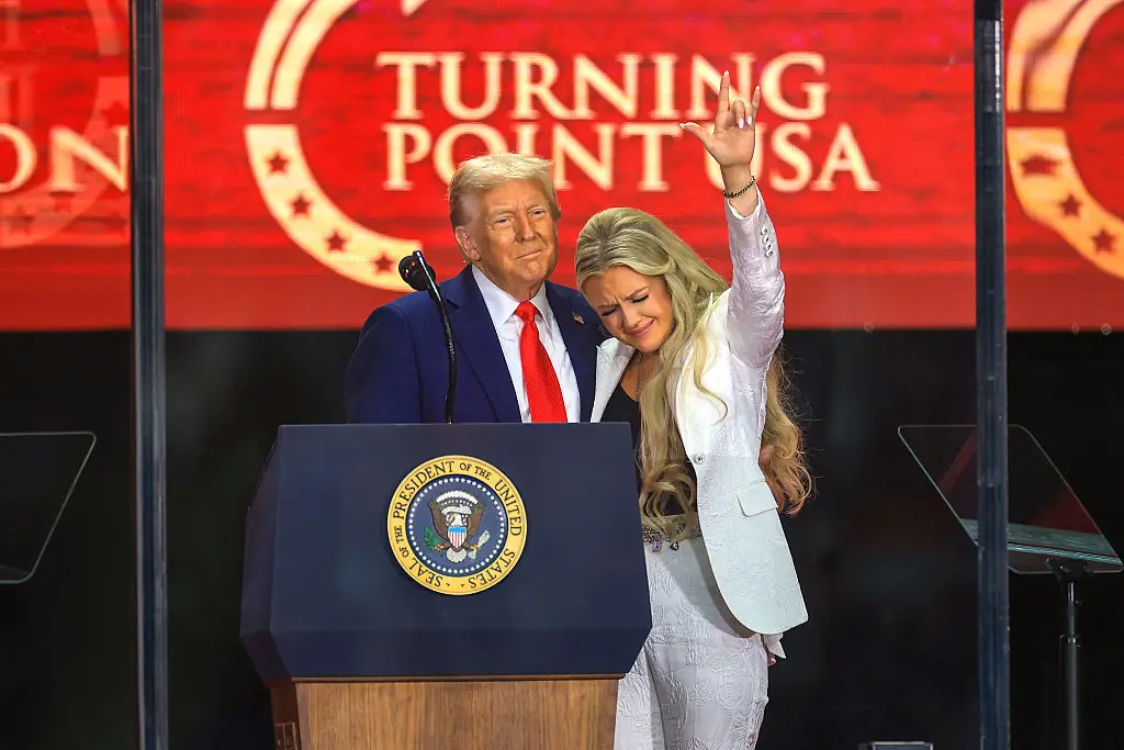 Erika Kirk's hand gesture confused viewers. Credit: Joe Raedle / Getty