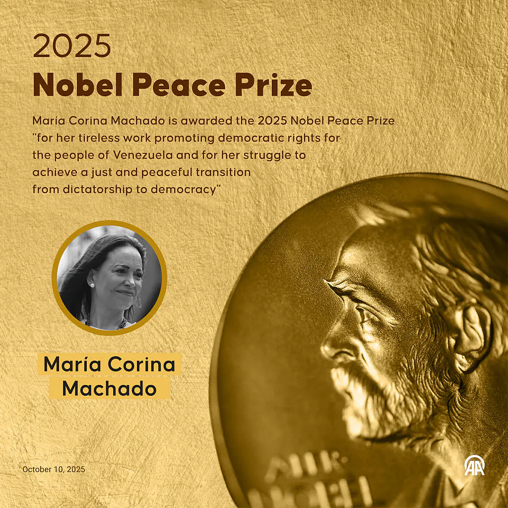 Maria Corina Machado is awarded the 2025 Nobel Peace Prize. Credit: Anadolu / Getty
