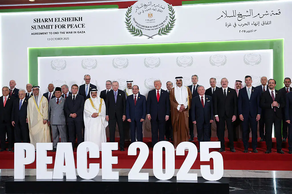World leaders gathered at a Sharm El-Sheikh summit on October 13, 2025. Credit: Pool / Getty