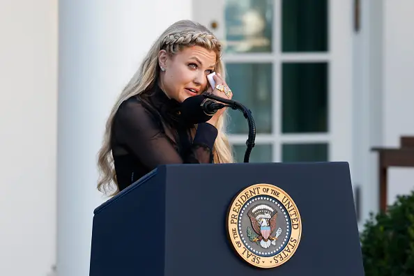 Erika Kirk pictured accepting a posthumous award for her late husband, Charlie Kirk, earlier this year. Credit: Kevin Dietsch / Getty Images.