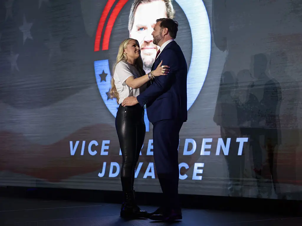 Erika Kirk and JD Vance were seen embracing on stage. Credit: Pool / Getty