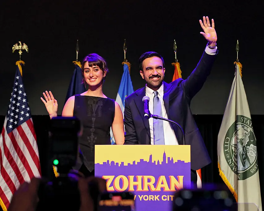 Zohran Mamdani and his wife Rama Duwaji after it was confirmed that he was elected as the mayor of NYC. Credit: Michael M. Santiago / Getty