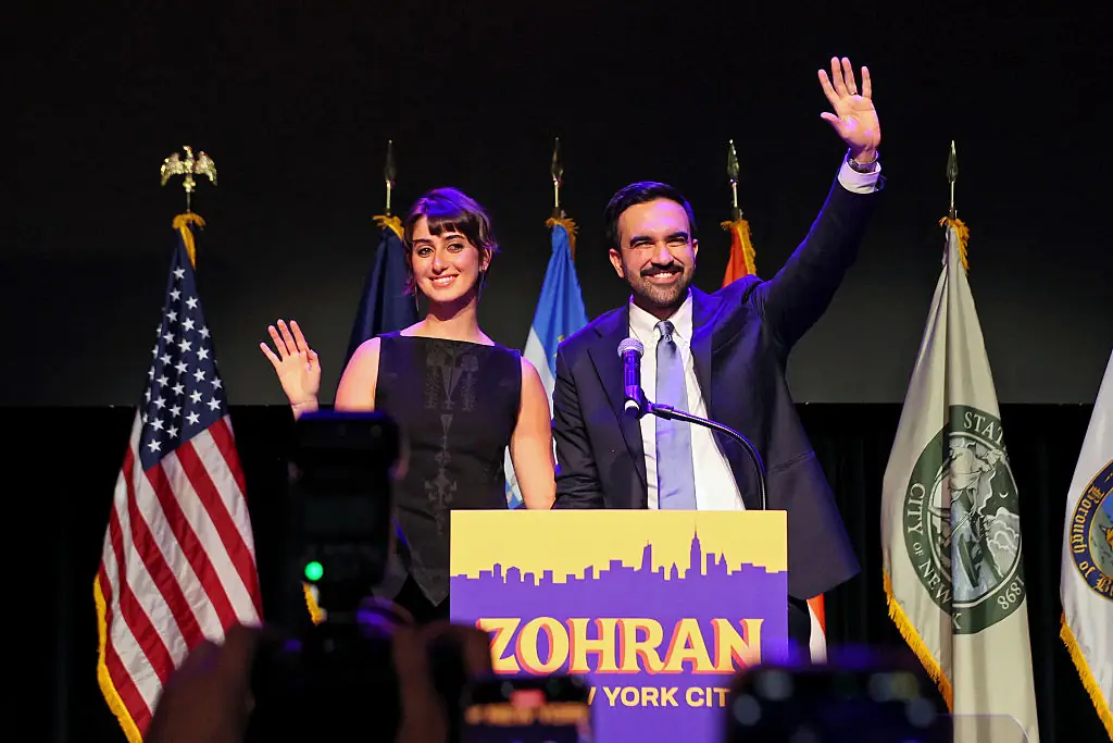 Zohran Mamdani and his wife Rama Duwaji after it was confirmed that he was elected as the mayor of NYC. Credit: Michael M. Santiago / Getty