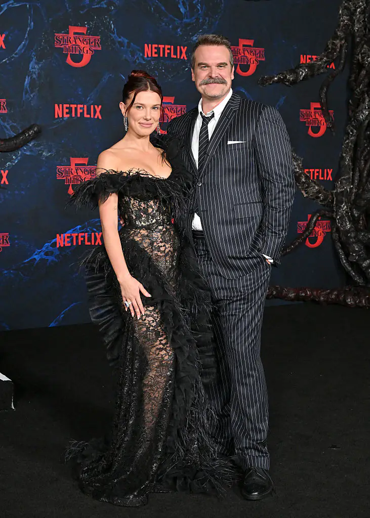 Millie Bobby Brown and David Harbour at the season five premiere. Credit:	Axelle/Bauer-Griffin / Getty