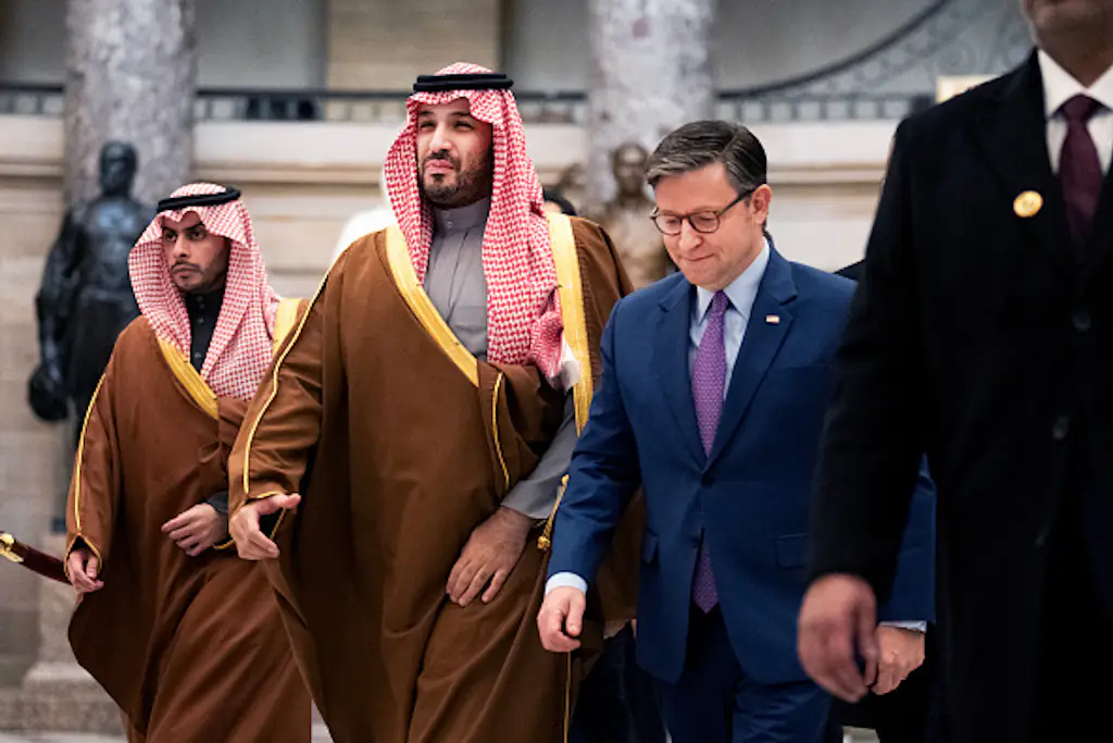 Saudi Crown Prince Mohammed bin Salman and Speaker of the House Mike Johnson pictured in the U.S. Capitol's Statuary Hall. Credit:Tom Williams / CQ-Roll Call, Inc / Getty Images.