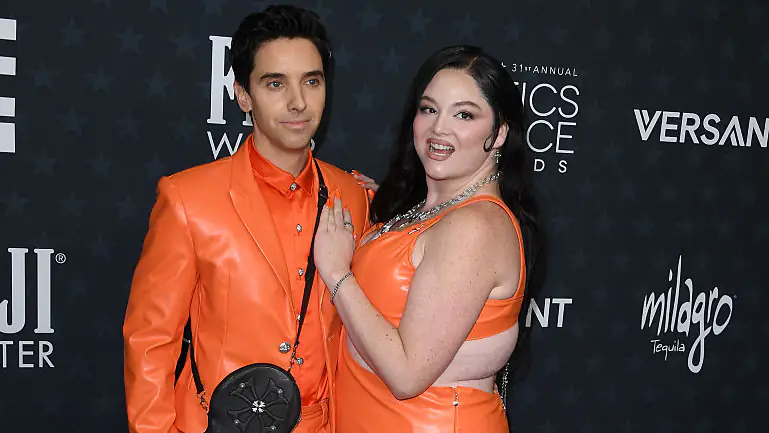 SANTA MONICA, CALIFORNIA - JANUARY 04: Paul W. Downs and Megan Stalter arrives at the 31st Annual Critics Choice Awards at Barker Hangar on January 04, 2026 in Santa Monica, California. (Photo by Steve Granitz/FilmMagic)