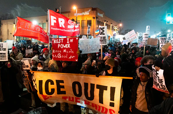 People gather for a protest after the killing of Renee Nicole Good on January 08, 2026 in Minneapolis, Minnesota. Credit: Stephen Maturen/Getty Images