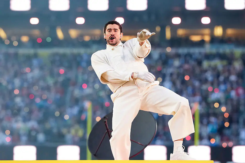Bad Bunny during the Apple Music halftime show at the NFL Super Bowl LX football game. Credit:	Todd Rosenberg / Getty