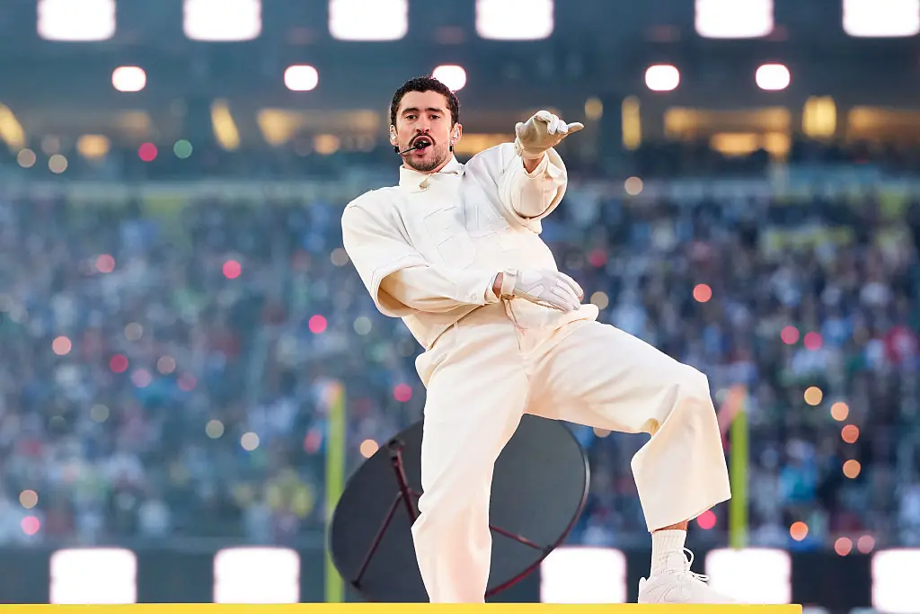 Bad Bunny during the Apple Music halftime show at the NFL Super Bowl LX football game. Credit:	Todd Rosenberg / Getty