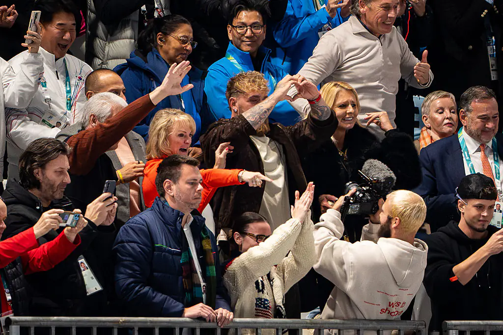 Jake Paul cheers from the stands as his fiancée, Jutta Leerdam, wins the gold medal. Credit: Anadolu / Getty