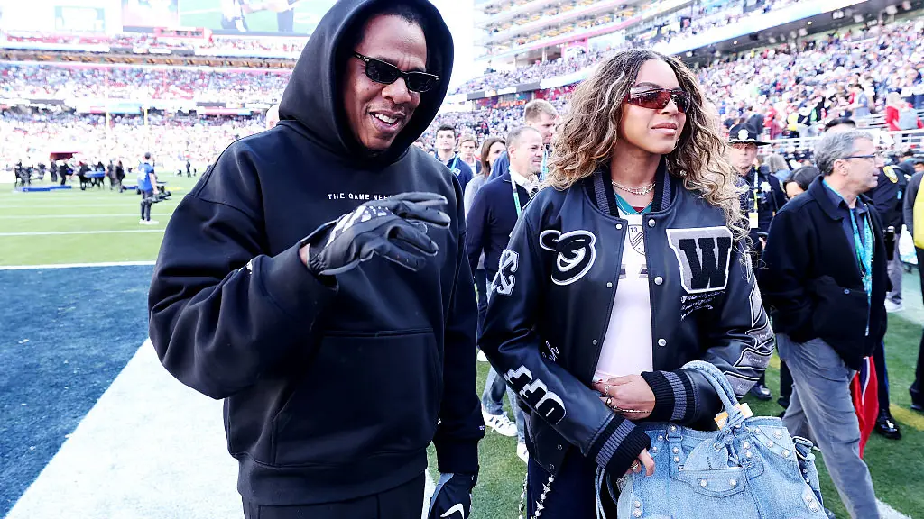 Jay Z and Beyonce spotted at Super Bowl LX. Credit: Kevin C. Cox/Getty Images