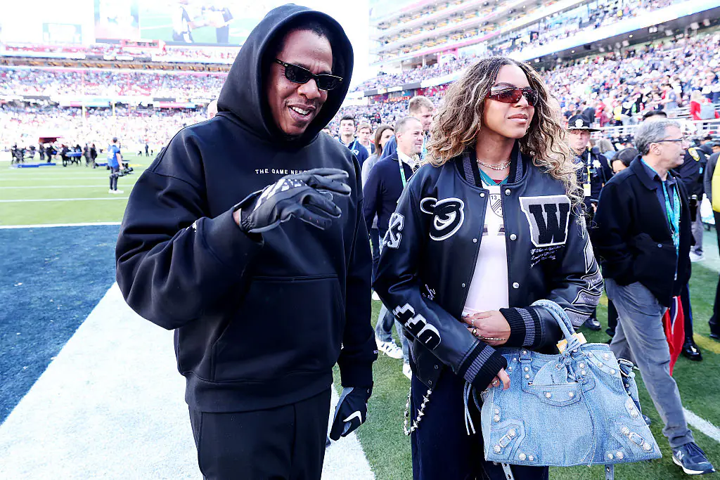 Jay Z and Beyonce spotted at Super Bowl LX. Credit: Kevin C. Cox/Getty Images