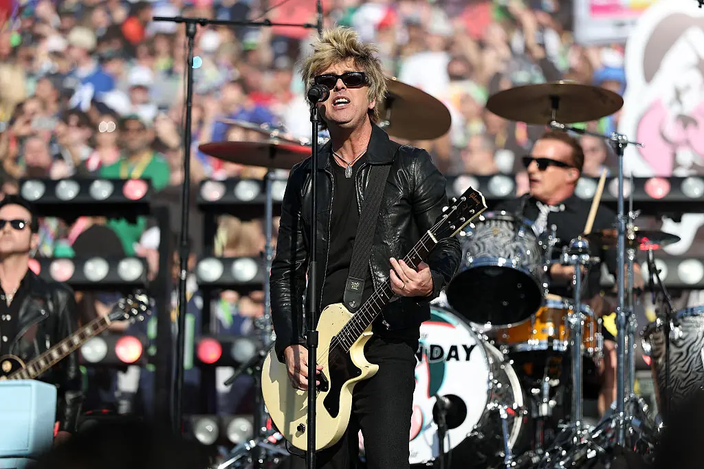 Green Day perform at Super Bowl LX. Credit: Ronald Martinez/Getty