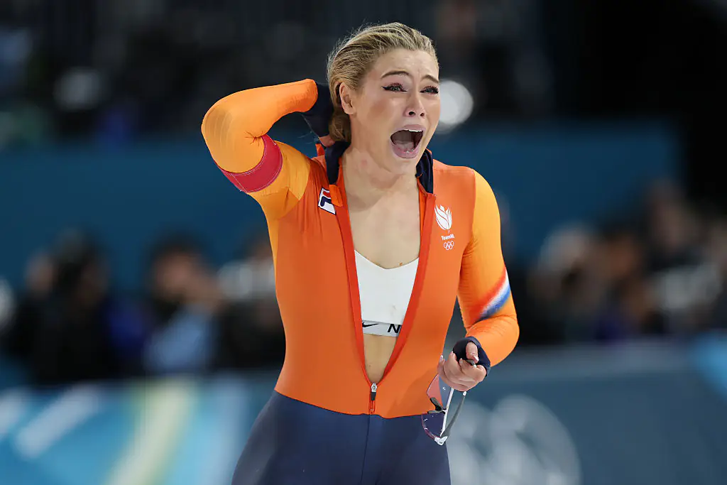 Jutta Leerdam of the Netherlands celebrates after winning gold. Credit:	China News Service / Getty