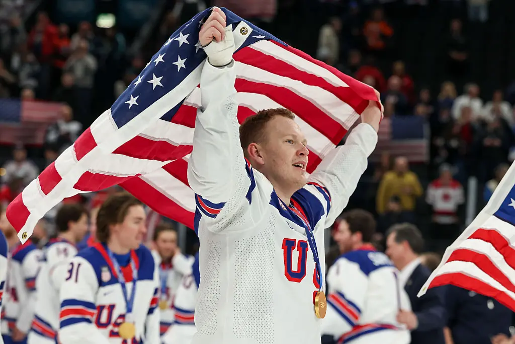 Brady Tkatchuk playing for Team USA. Credit: Catherine Steenkeste/Getty Images