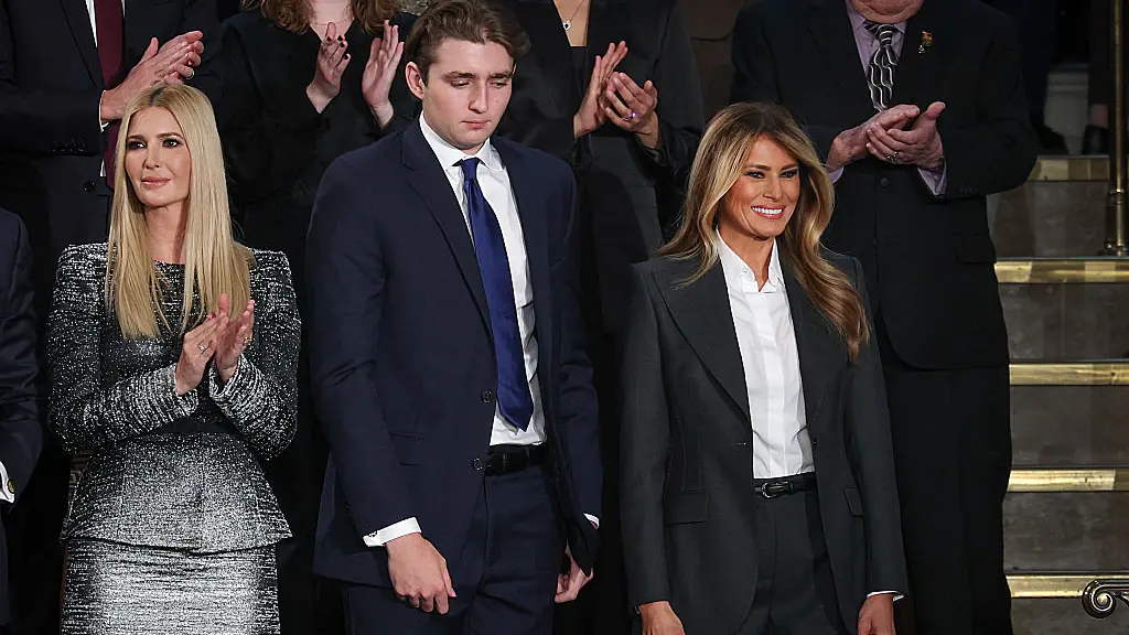 President Trump Delivers The State Of The Union Address WASHINGTON, DC - FEBRUARY 24: Ivanka Trump, Barron Trump, and first lady Melania Trump attend U.S. President Donald Trump's State of the Union address during a Joint Session of Congress at the U.S. Capitol on February 24, 2026, in Washington, DC. Trump delivered his address days after the Supreme Court struck down the administration's tariff strategy and amid a U.S. military buildup in the Persian Gulf threatening Iran. (Photo by Win McNamee/Getty Images)