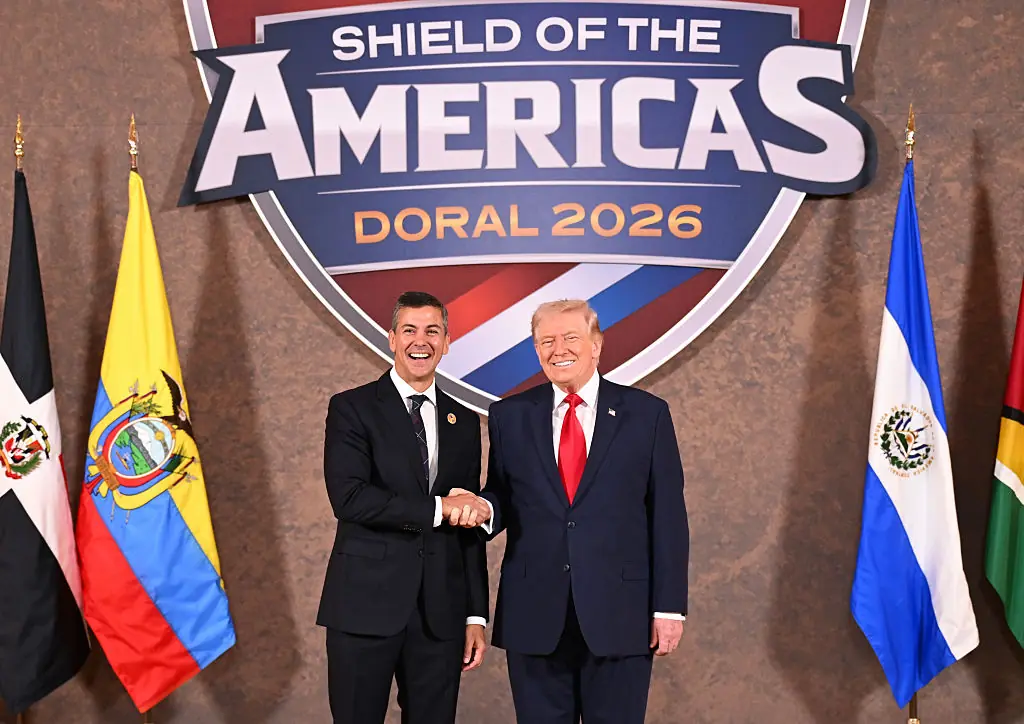 President Donald Trump with Santiago Peña, President of the Republic of Paraguay, at the Shield of the Americas Summit. Credit: Roberto Schmidt / Getty