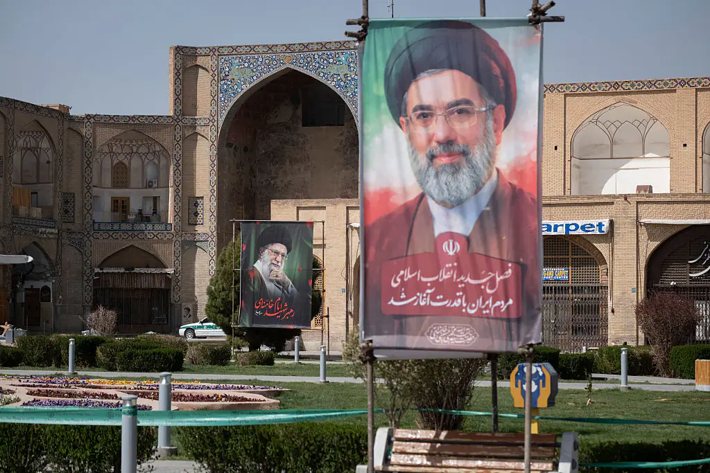 Portraits of Iran's new Supreme Leader, Ayatollah Mojtaba Khamenei, and the late Supreme Leader Ayatollah Ali Khamenei n the historic Naqsh-e Jahan Square in Isfahan, Iran. Credit: NurPhoto / Getty