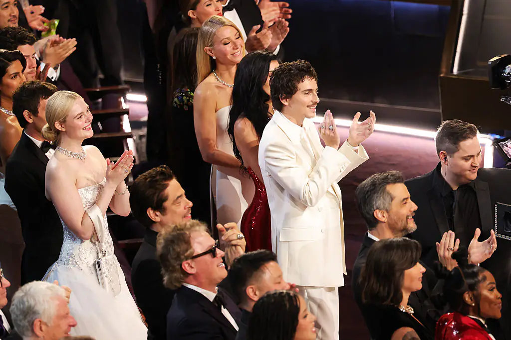 Timothee Chalamet applauded Michael B Jordan, who took the Best Actor award. Credit: Kevin Winter/Getty Images