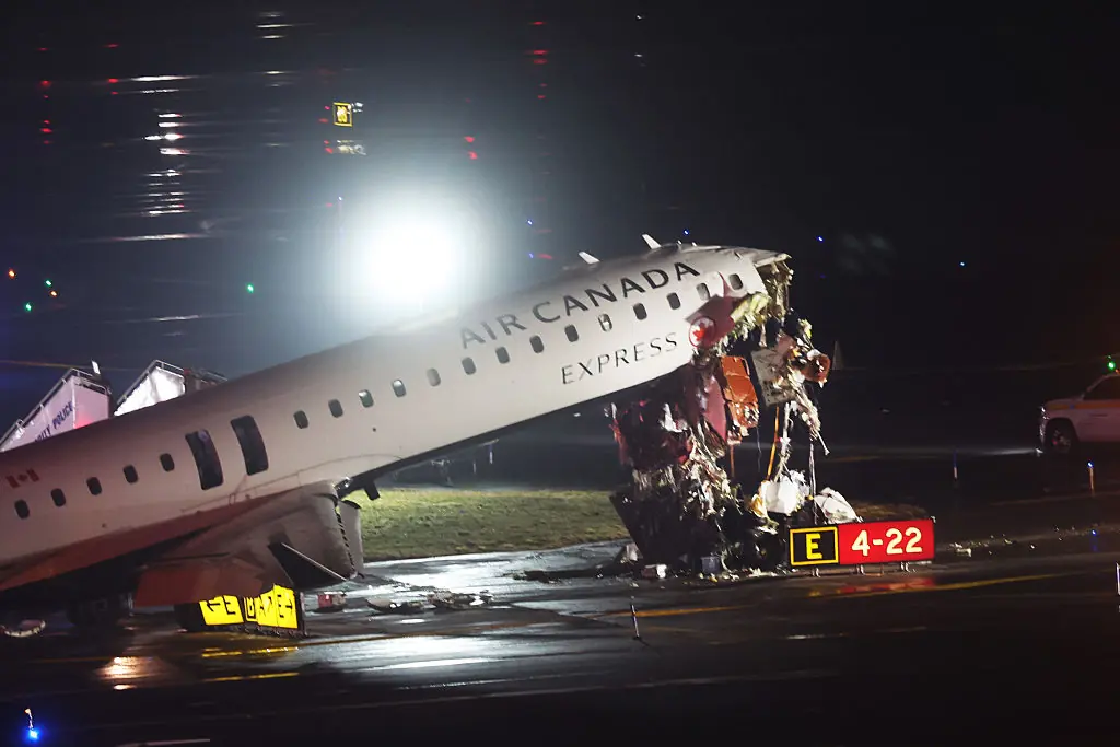 An Air Canada Express plane sits on the tarmac after it collided with a fire truck on the tarmac at LaGuardia Airport. Credit: 	Spencer Platt / Getty