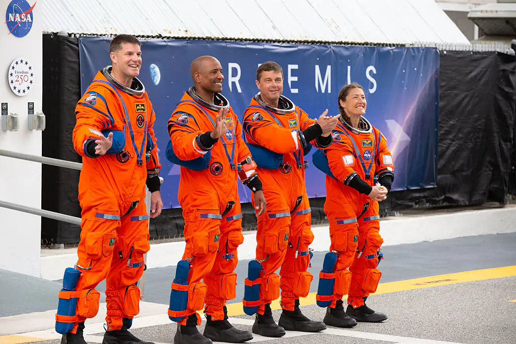 Canadian Space Agency astronaut Jeremy Hansen, and NASA astronauts Victor Glover, Reid Wiseman, and Christina Koch. Credit:	NurPhoto / Getty