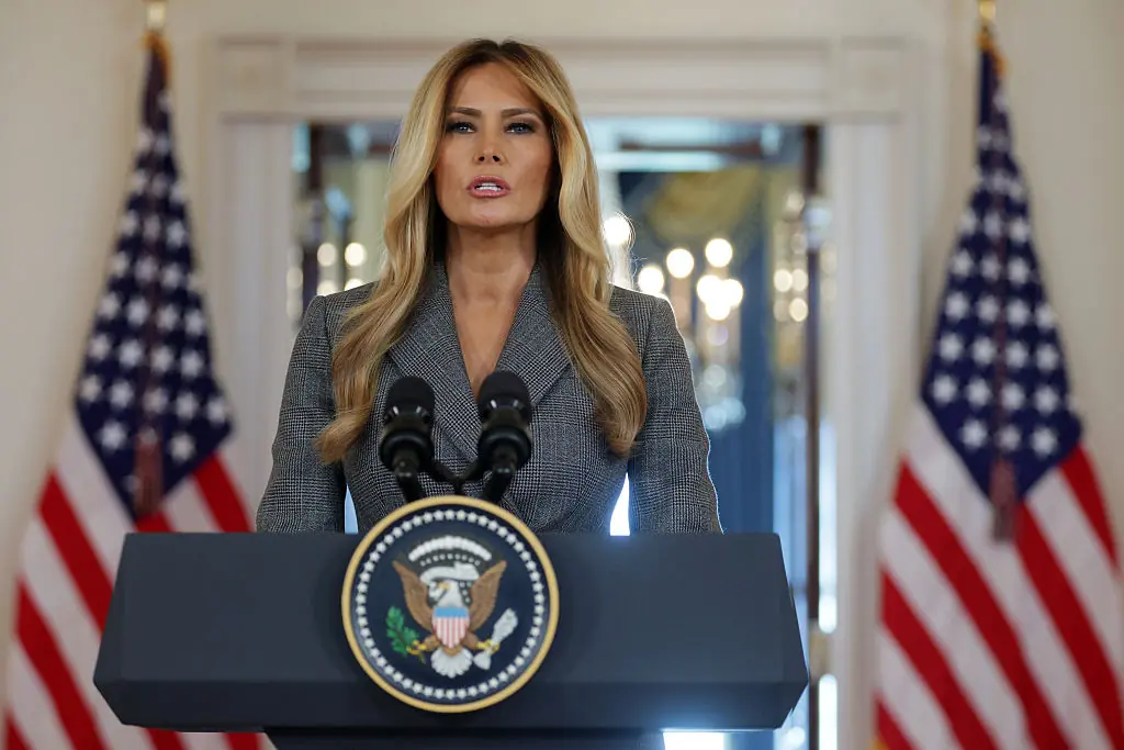 Melania Trump delivered a surprise speech yesterday (April 9). Credit: Alex Wong/Getty Images