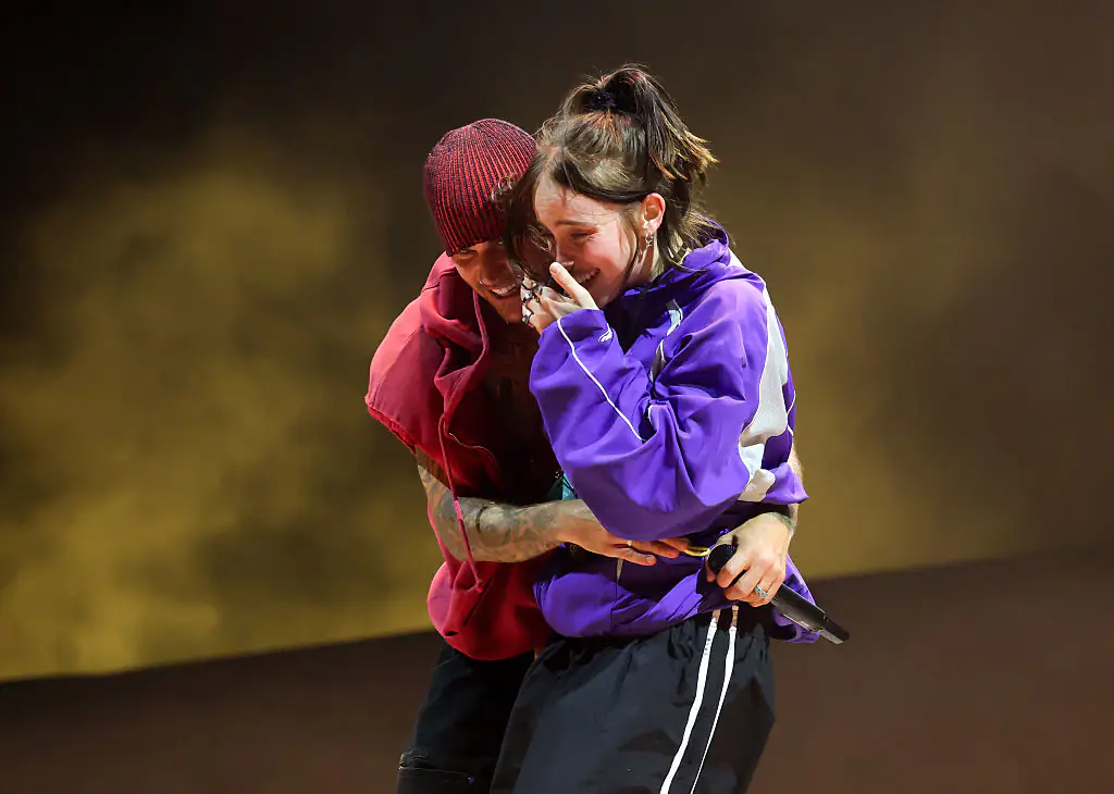 Billie Eilish onstage with Justin Bieber at Coachella. Credit: Kevin Mazur / Getty