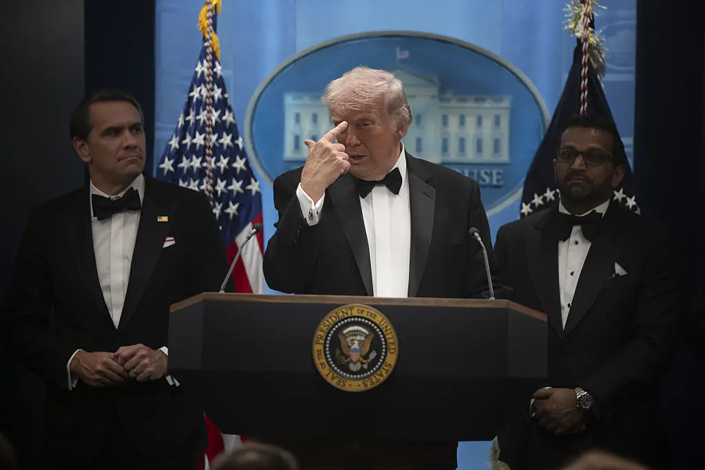  Donald Trump holds a press conference at the White House in Washington, DC, shortly after a shooting incident at the White House Correspondents' Dinner on April 25, 2026. (Photo by Celal Gunes/Anadolu via Getty Images)