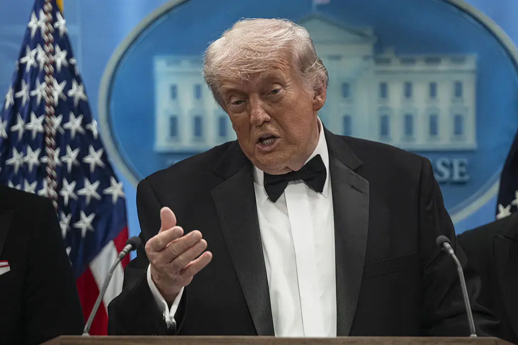 President Donald Trump holds a press conference at the White House in Washington, DC, shortly after the shooting incident at the White House Correspondents' Dinner. Credit: Anadolu / Getty