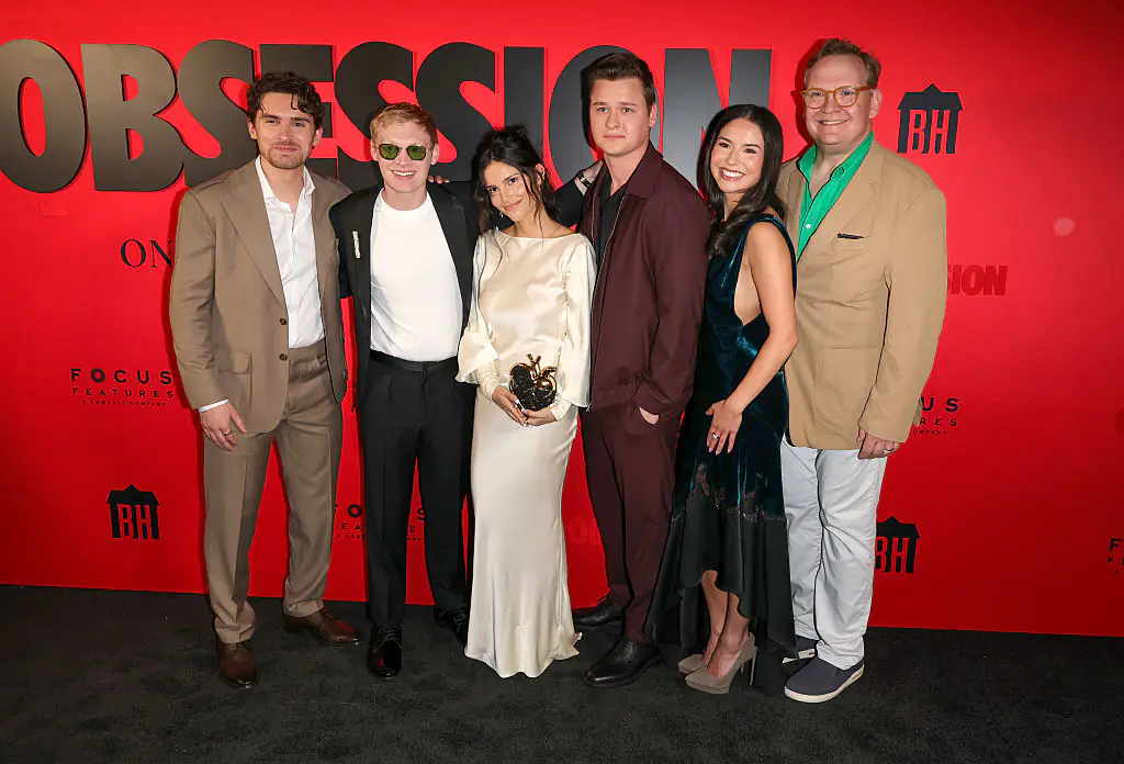 Michael Johnston, Curry Barker, Inde Navarrette, Cooper Tomlinson, Megan Lawless, and Andy Richter at the Obsession premiere. Credit: Frazer Harrison / Getty