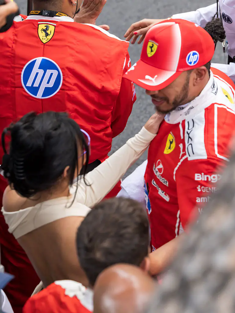 Kim greets Lewis at the competition. Credit: Arnold Jerocki / FilmMagic / Getty Images 