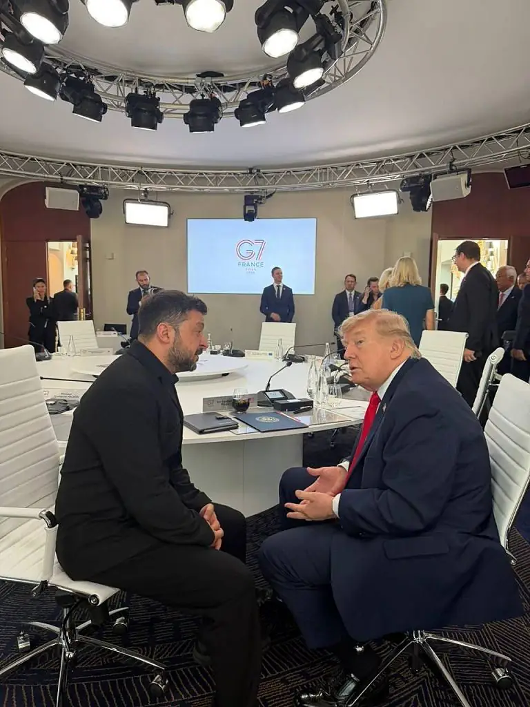 Zelenskyy and Trump spoke on the sidelines of the G7  summit in Evian-les-Bains, France on June 16. Credit: Ukrainian Presidency / Handout / Anadolu / Getty 